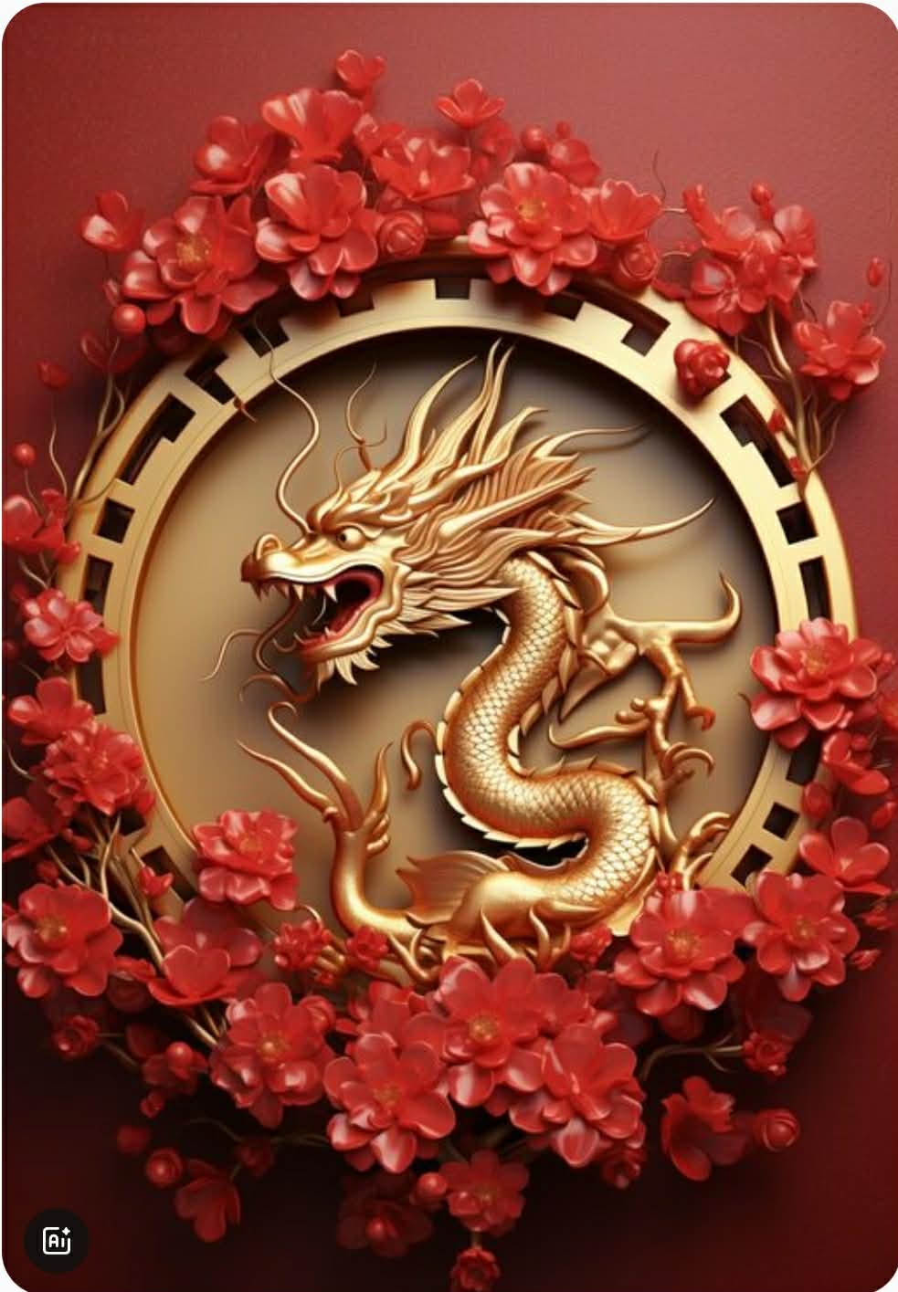 Dragon doré et fleurs